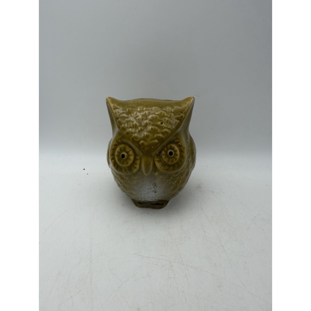 Vintage Ceramic Owl Figurine Olive Green Pottery Bird Statue